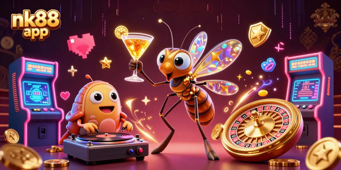 Experience the excitement of the nk88 app with a vibrant casino-themed 3D illustration showcasing game elements.