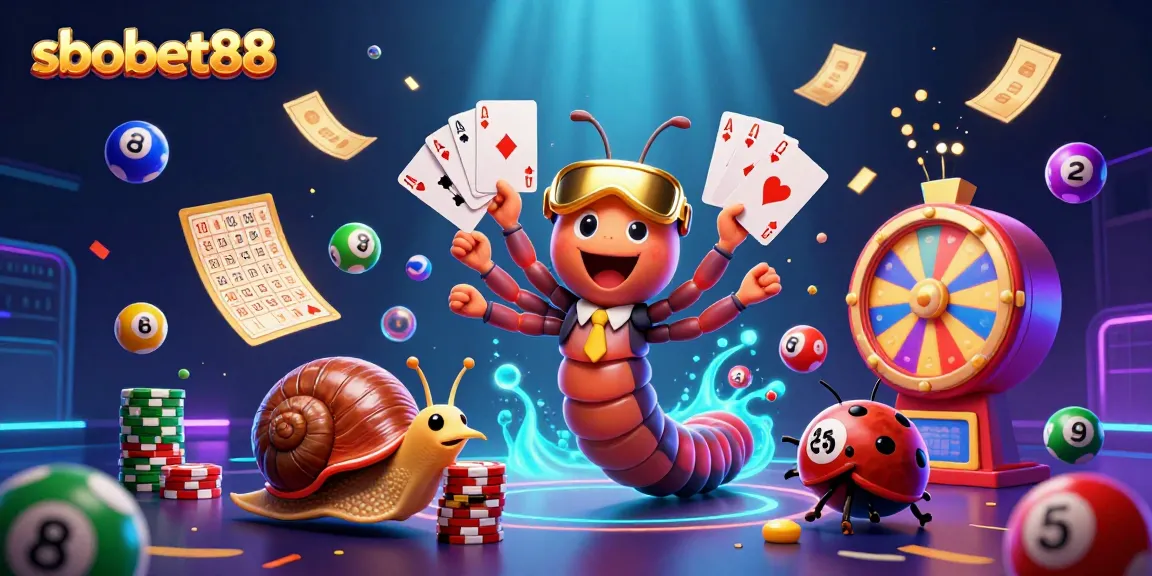 SboBet88 showcases thrilling gaming excitement with a vivid scene of a charismatic millipede dealer and vibrant casino elements.