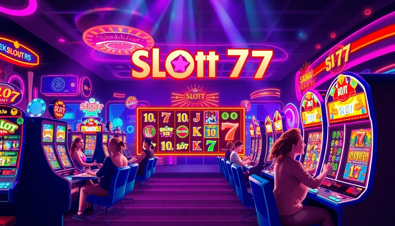 Mainkan Slot77 dengan simbol ceria di suasana kasino yang meriah.
