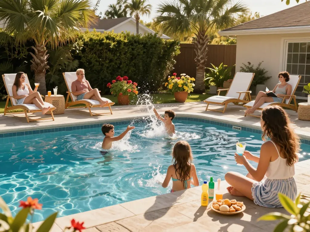 Dolphin Pool Services family enjoying a sunny afternoon by the pool, showcasing vibrant atmosphere and relaxation.