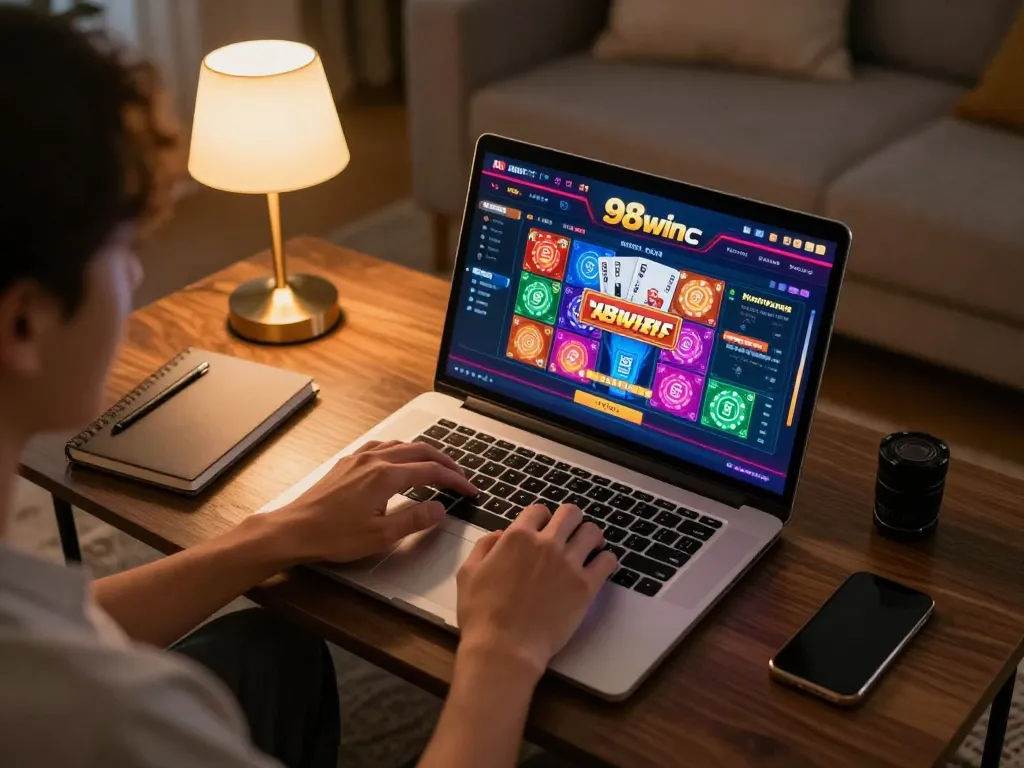 Player engaging with 98win com online casino game, featured on a laptop in a cozy living room.