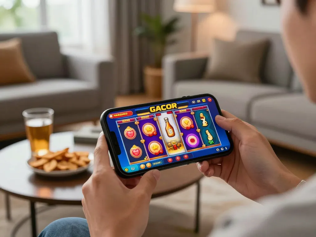 Engaging in slot gacor gameplay on smartphone in a cozy home environment