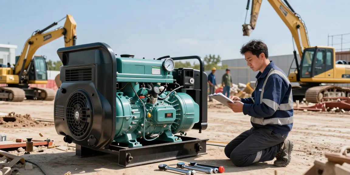 Diesel generators powering construction site with technician inspecting machinery in safety gear.