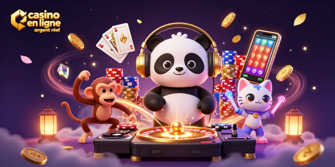 Jouer dans un casino en ligne argent réel avec un panda DJ, un singe dansant et un chat rave dans une scène animée.