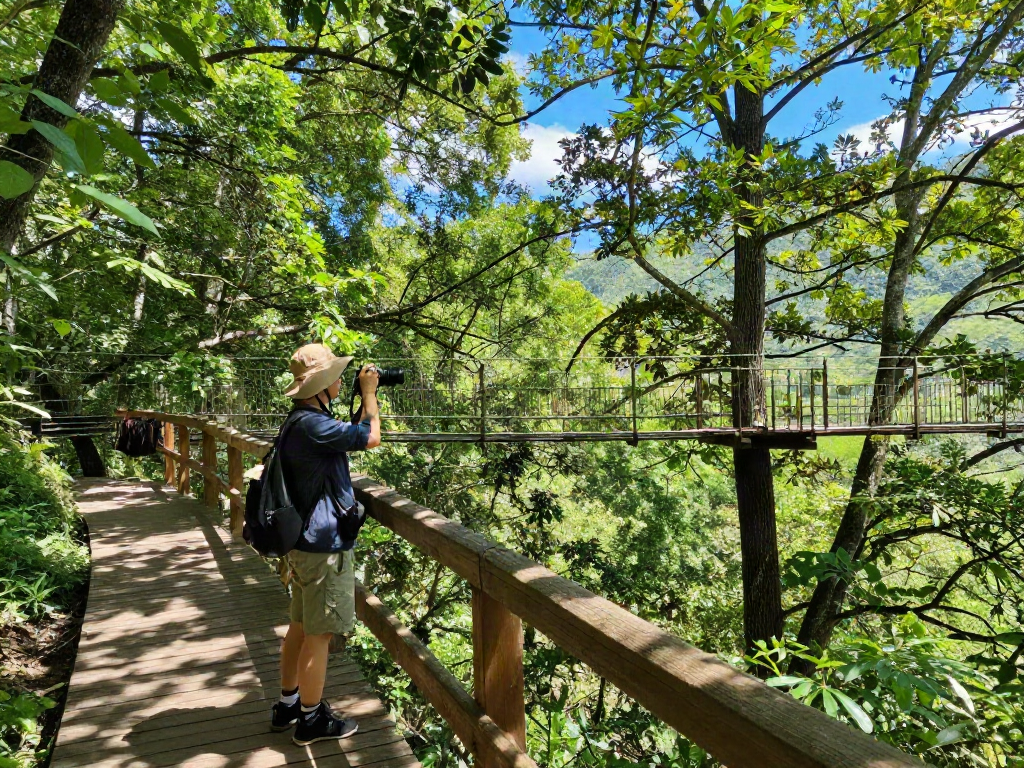 Treetop Walkway experience in a lush forest with vibrant greenery and sunlight.