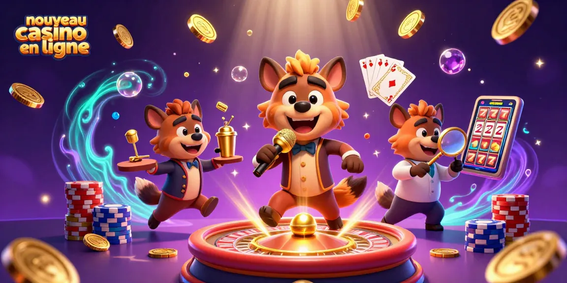 Découvrez le nouveau casino en ligne avec une scène animée de hyènes à l'humour comique et éléments de jeux de casino.