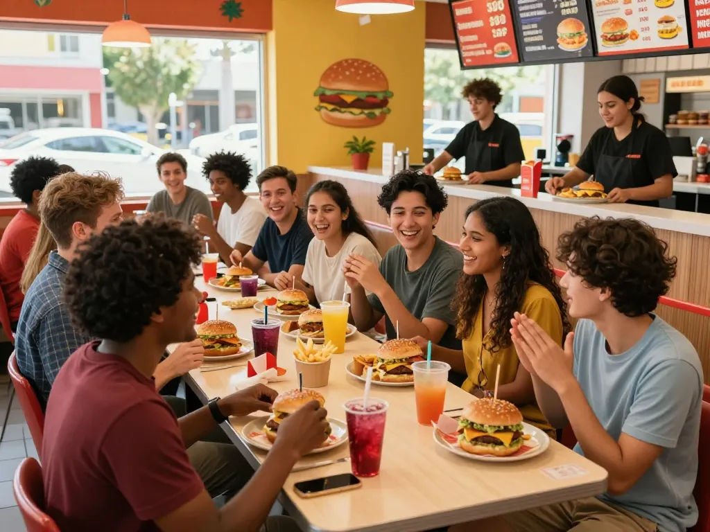 Friends enjoying fast food meals at a restaurant, showcasing lively atmosphere and fast food prices.