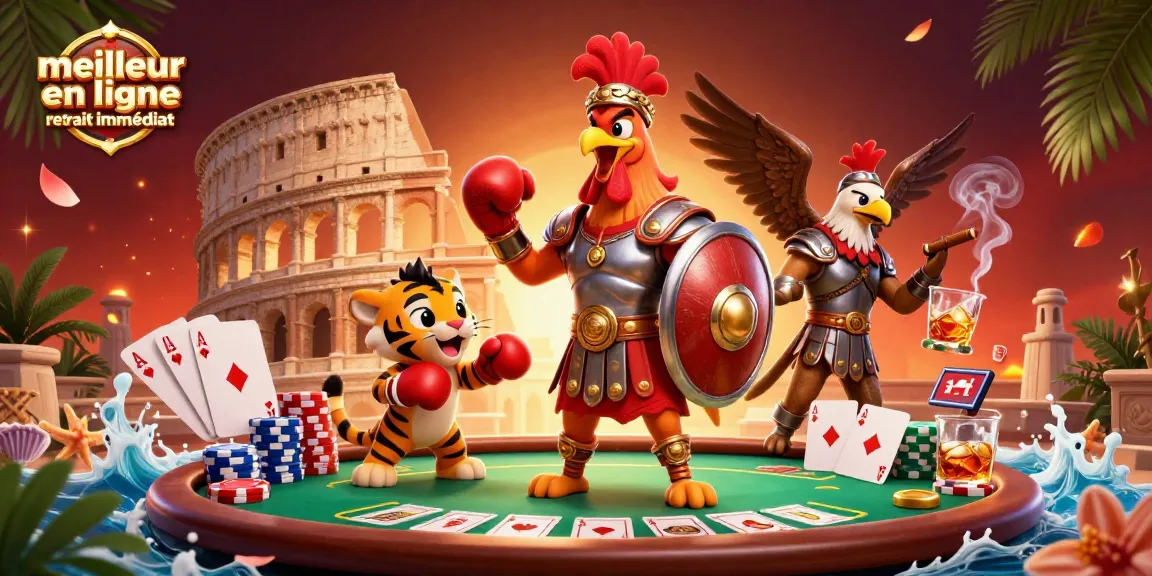 Visualisez le meilleur casino en ligne retrait immédiat avec un poulet gladiateur et un tigre cub dans une arène.