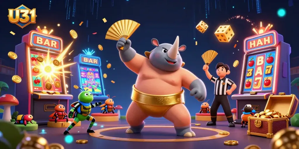 U31 illustration showcasing a dynamic casino scene with a beetle champion generating coins and jackpots