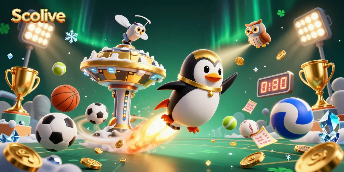 Socolive provides an engaging experience with a golden penguin flying towards a casino-themed space station filled with sports elements.