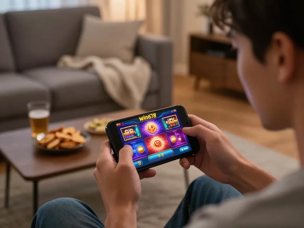 Play exciting casino games on win678 mobile app while relaxing at home, showcasing engaging gameplay.