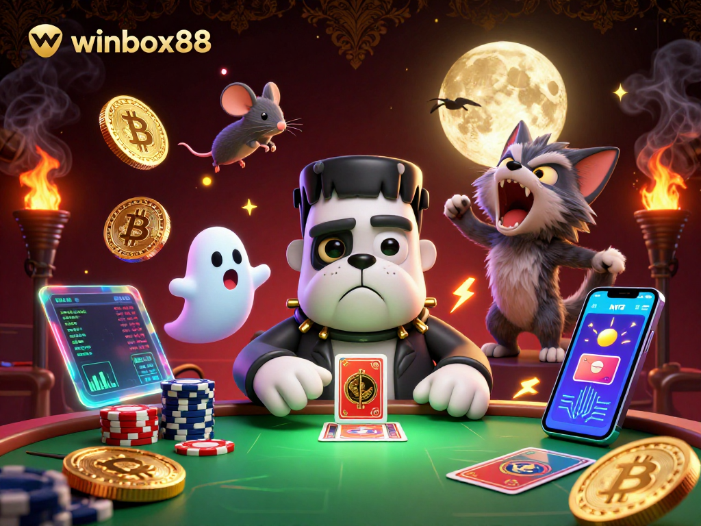 Engage in thrilling card games at winbox88 with Frankenstein bulldog and haunted elements.