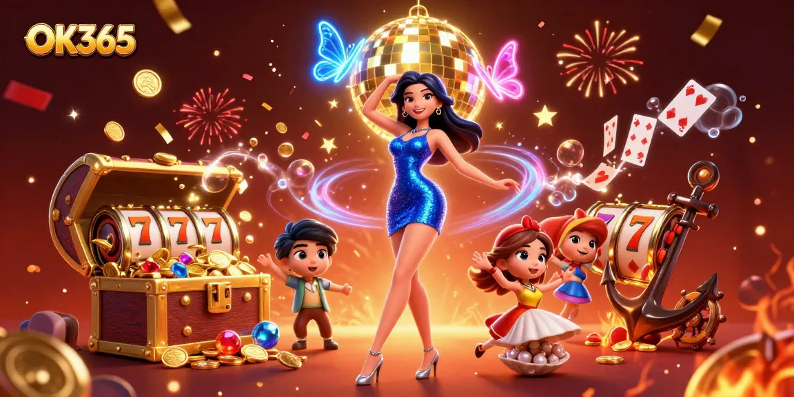 Experience exciting gameplay with OK365, showcasing vibrant casino action featuring slot reels and celebratory elements.
