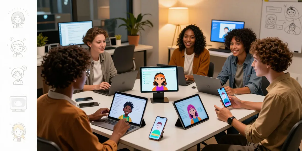 Engaging scene of individuals using CrushOn AI chatbots in modern workspace, showcasing diverse AI avatars.