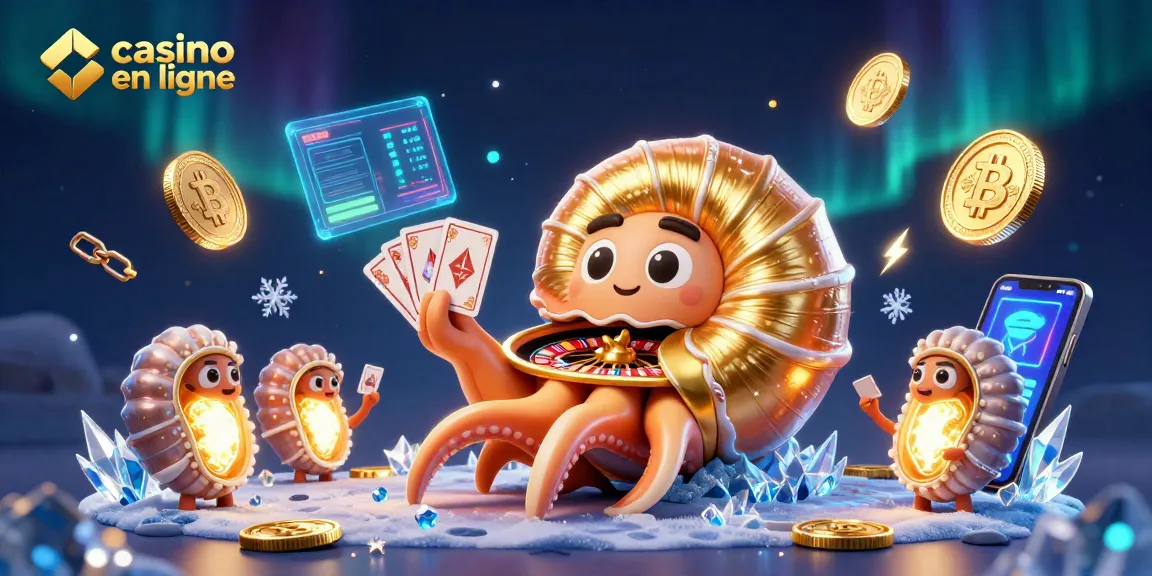 Casino en ligne : illustration 3D de nautilus jouant avec des cartes et des cryptomonnaies.