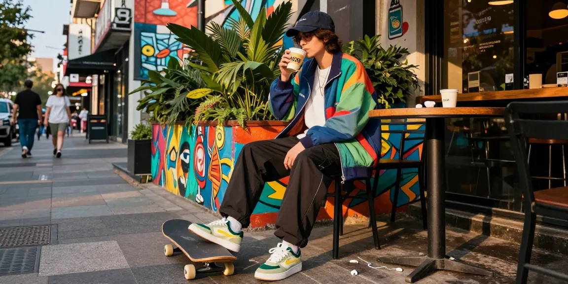 Stylish individual enjoying outdoor coffee in urban setting with rokok88 fashion elements.