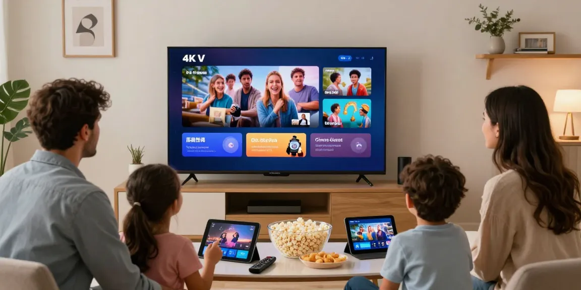 Essai gratuit IPTV pour regarder des films en famille en 4K dans un salon moderne.