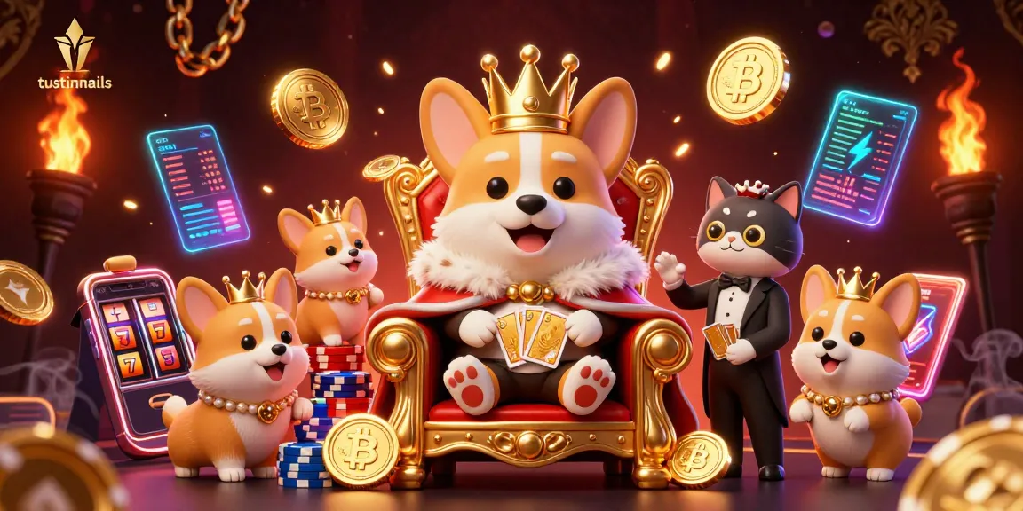 Engage in thrilling casino fun with tustinnails featuring a royal corgi, poker chips, and dazzling crypto elements.