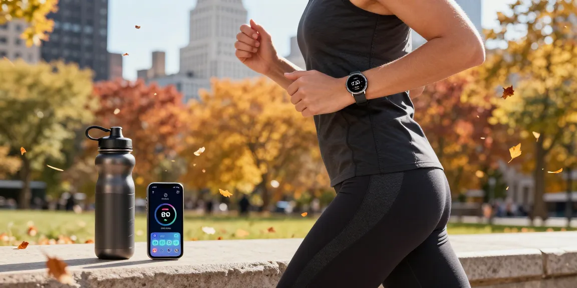 Smartwatch Fitbit Luxe dari https://www.polarfitbitshop.com/fitbit-luxe/ dikenakan oleh pelari di taman kota dengan dedaunan musim gugur yang indah.