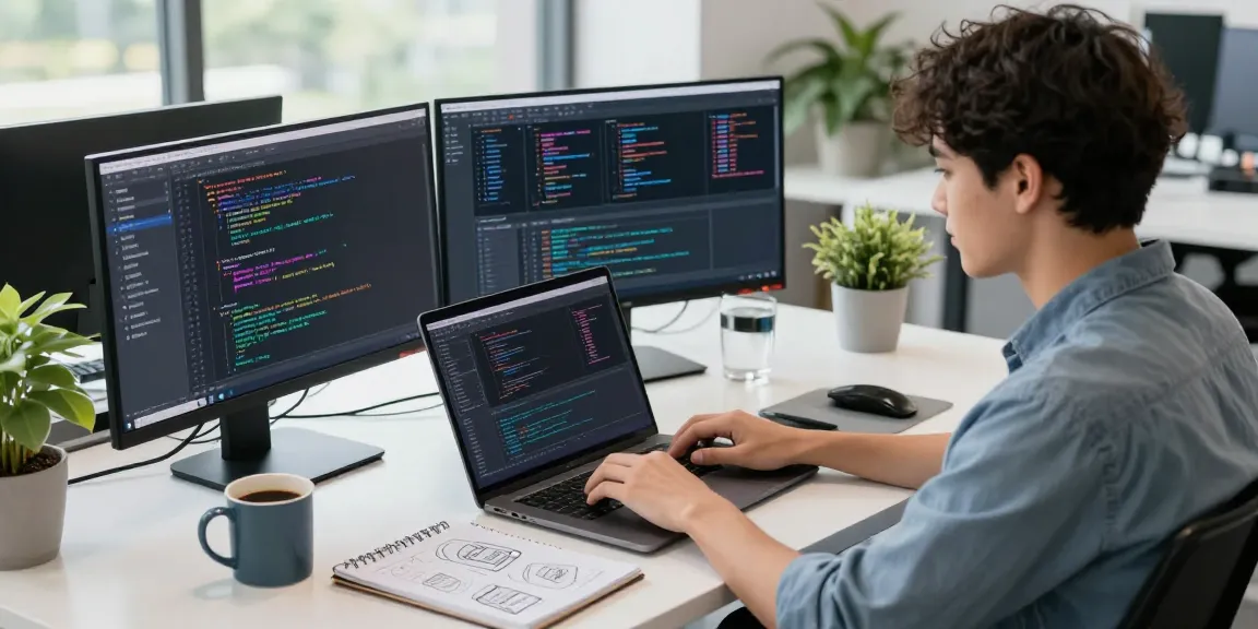 Innovative workspace of a developer coding on 纸飞机官网, showcasing modern technology and productivity tools.