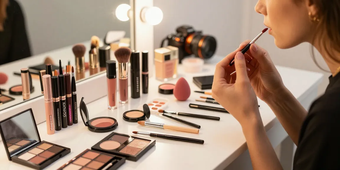 Makeup artist applying lipstick with a lip blending brush, showcasing Skone cosmetics products in a bright vanity setting.