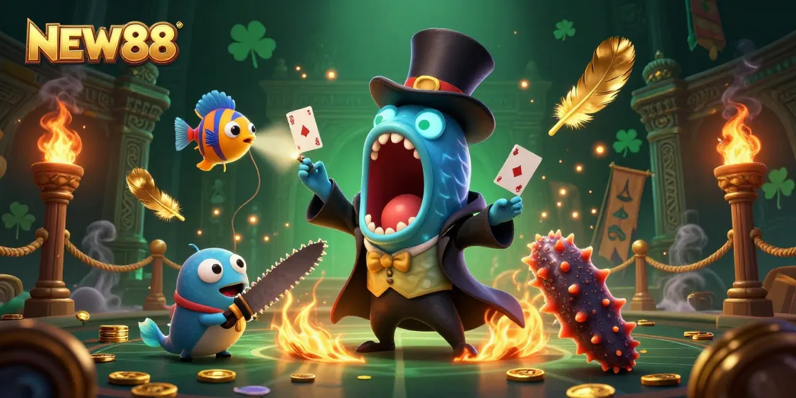 Watch the lively deep-sea characters of NEW88 perform thrilling magic tricks in this vibrant casino illustration.