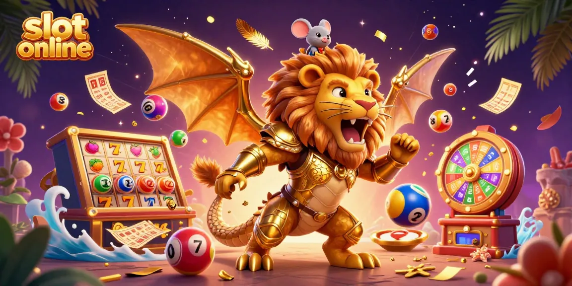 Slot online dengan makhluk chimaera dan simbol slot, menampilkan lotere yang penuh warna.