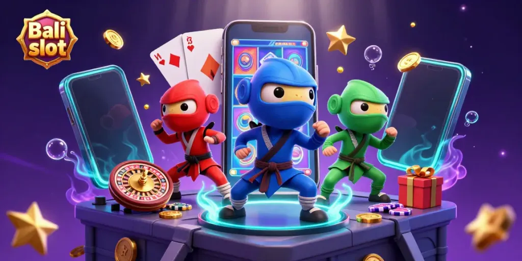 Experience thrilling moments with Bali slot as chameleon ninjas perform on a rooftop, surrounded by vibrant casino elements.
