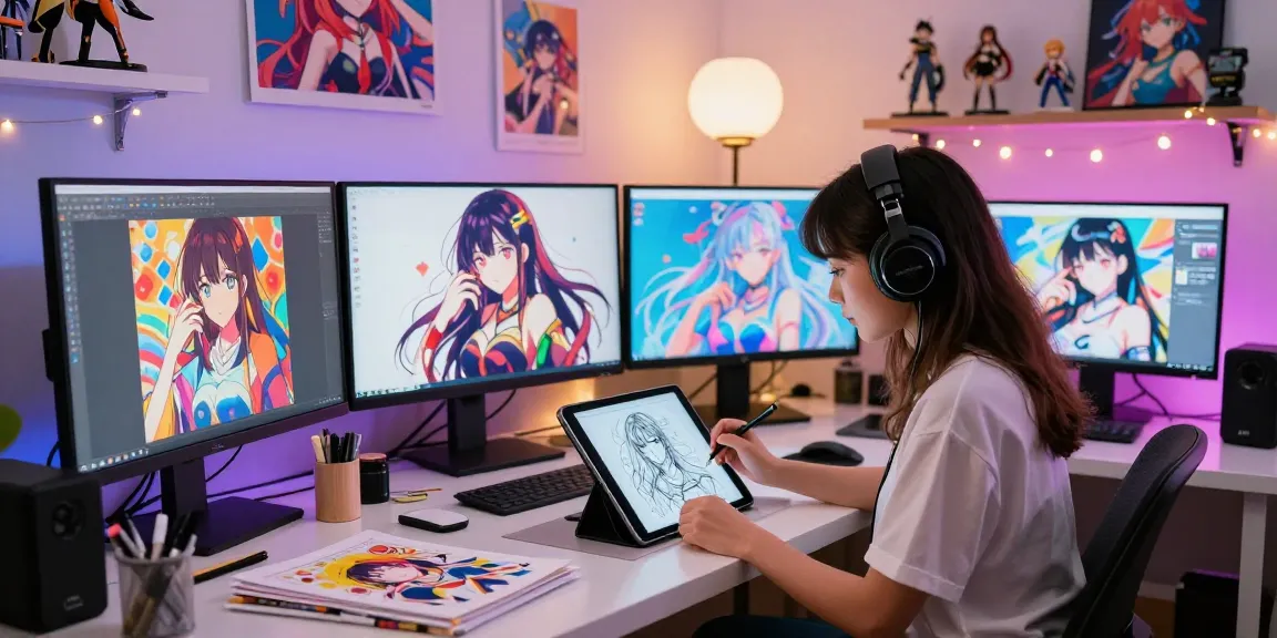 AI ecchi artist in vibrant studio creating dynamic digital anime art.