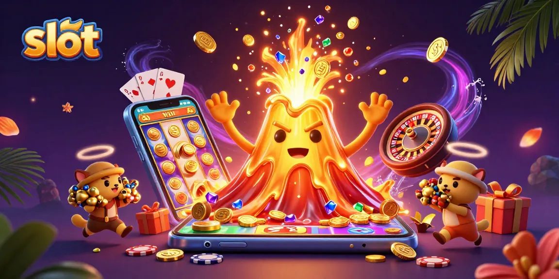 Slot menampilkan gunung berapi emas yang mengeluarkan koin dan harta dengan karakter lucu.