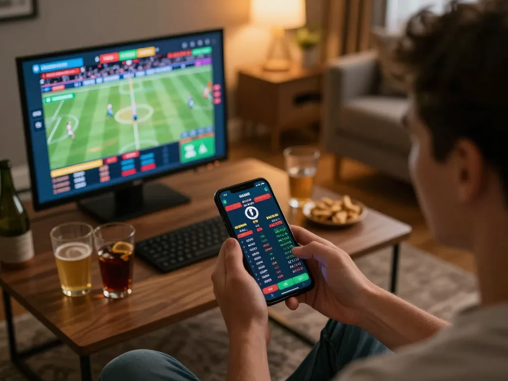 LC99 user engaging with live sports betting on smartphone, capturing excitement of online gambling.