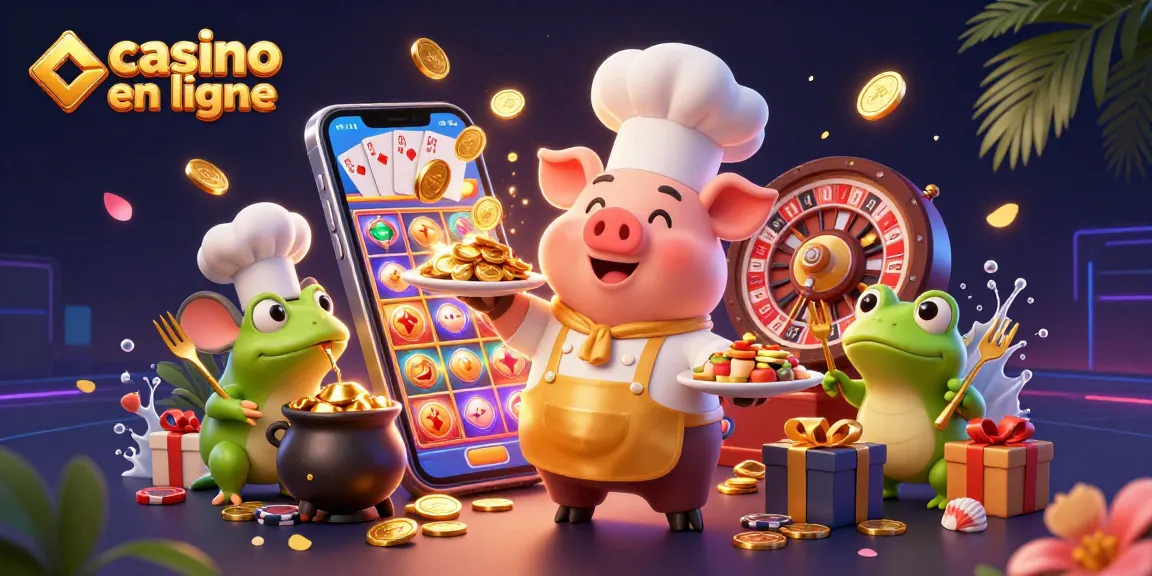 Casino en ligne : illustration dynamique d'une scène de chef, souris et grenouille autour des jeux de casino.