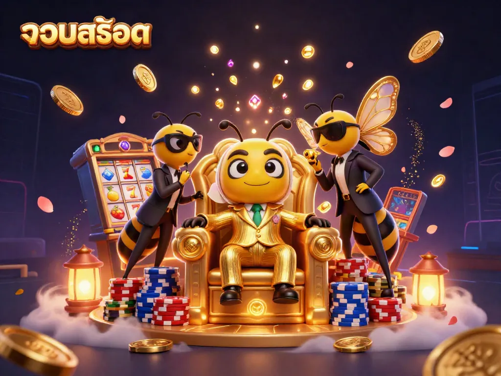 Experience the excitement of รวมสล็อต with a bumblebee mob boss and slot machines in a dynamic casino scene.