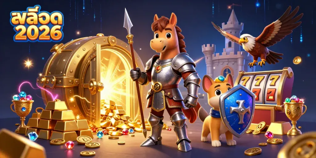 Experience the excitement of สล็อต 2026 with vibrant characters and rich treasures in an engaging 3D illustration.