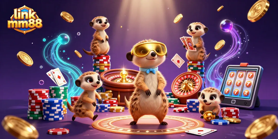 Engage with link mm88 through a lively casino scene featuring meerkats managing games and chips.