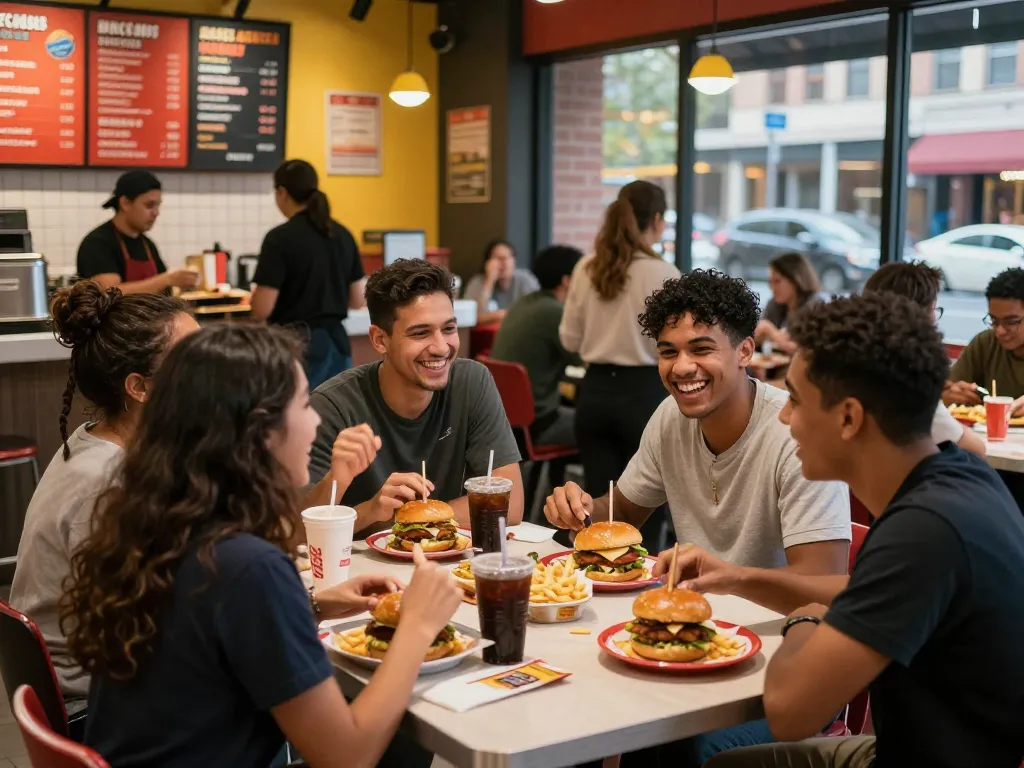 Friends enjoying fast food prices with burgers and fries in a lively restaurant setting.