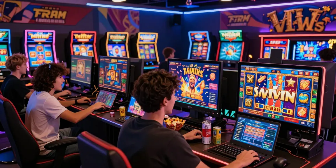 Exciting online gaming experience with players engaged in colorful slot games showcasing vibrant graphics and animated wins.