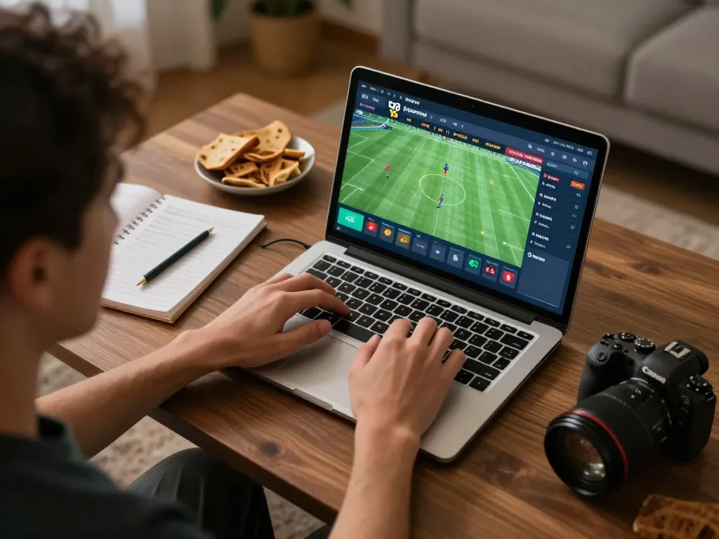 Engaging in sports betting on ta88 platform from home setup with laptop and notes.