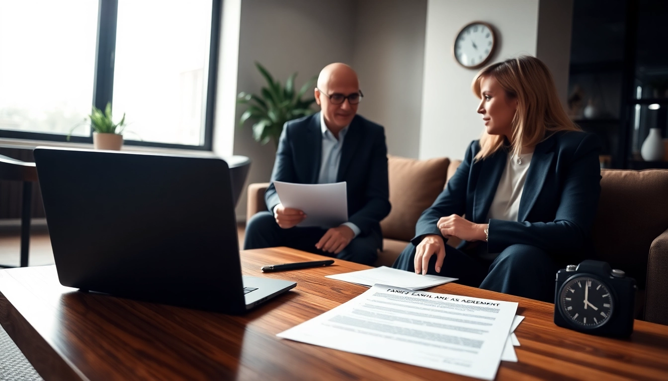 Couple reviewing Family Law Financial Agreements with legal documents in an office.