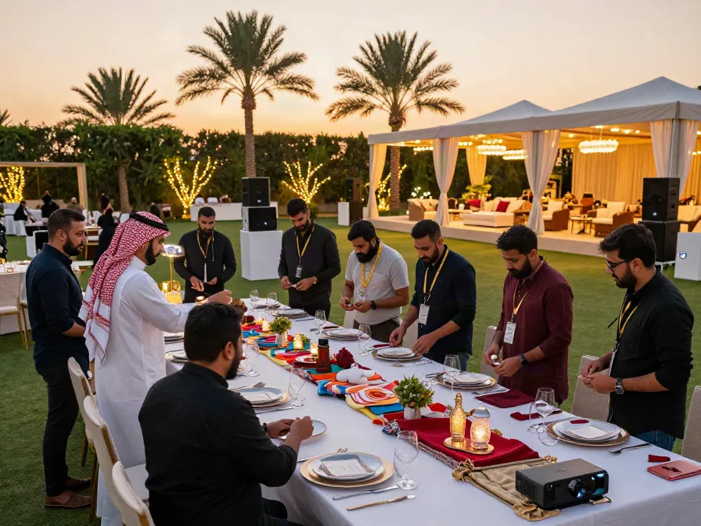 Event rentals showcased by a professional event planning team at a luxurious outdoor venue in Saudi Arabia.