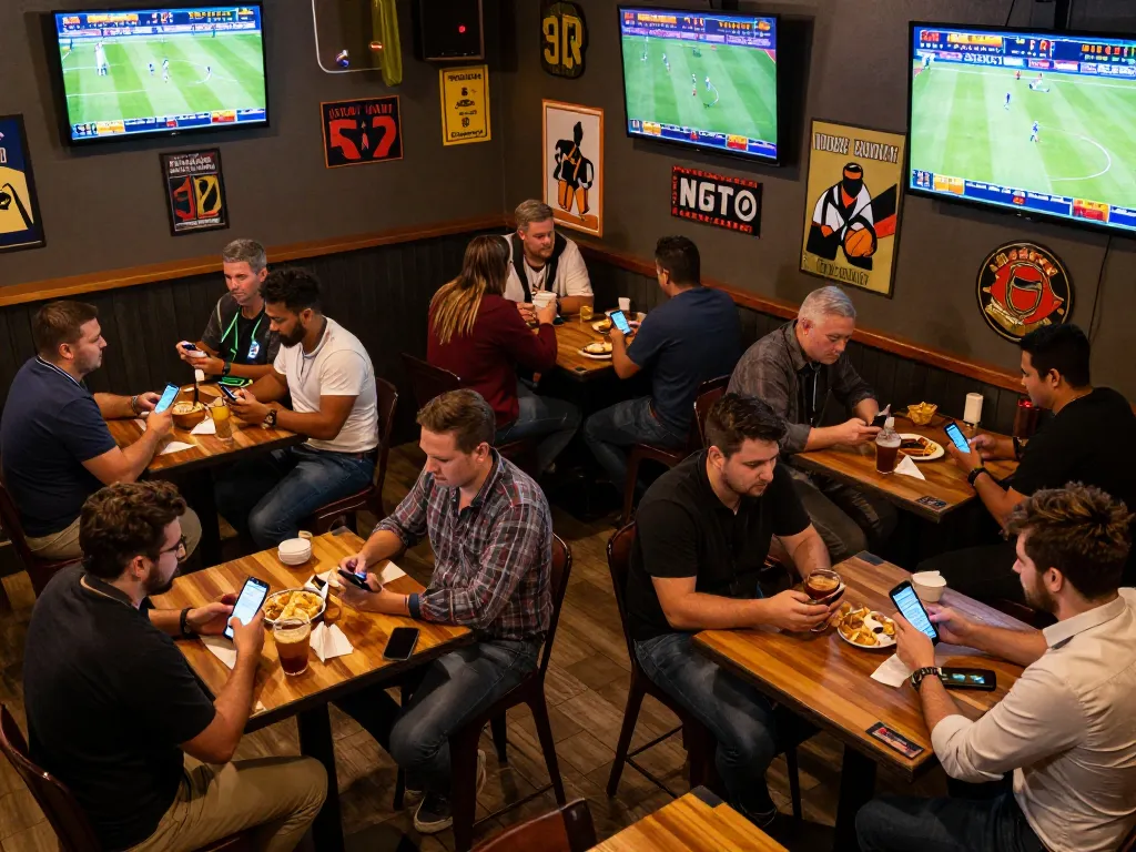 Engaged patrons analyzing debet options while placing bets in a lively sports bar atmosphere.