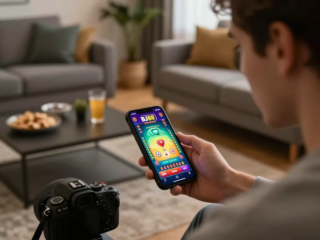 Player engaging with BK88 casino app on smartphone in cozy environment