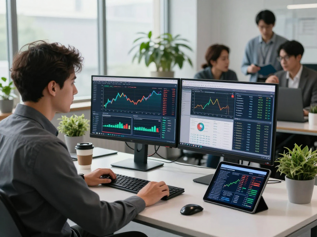 Forex developer monitoring real-time exchange rates with offshore CNY forex API integration in modern office.