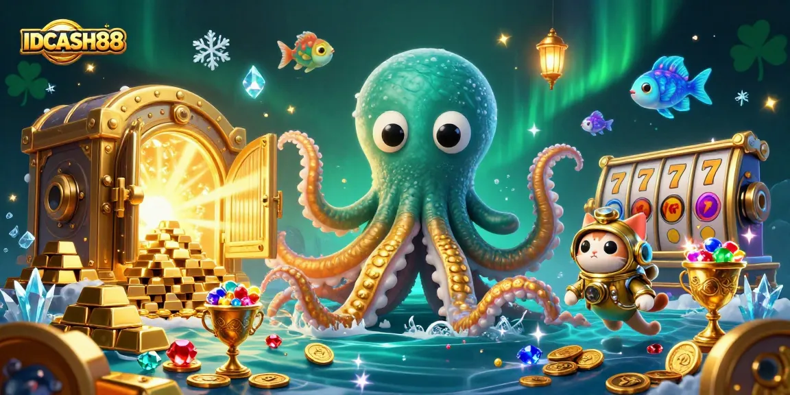 Engage with IDCASH88's thrilling slot experience featuring a kraken and vibrant treasures.