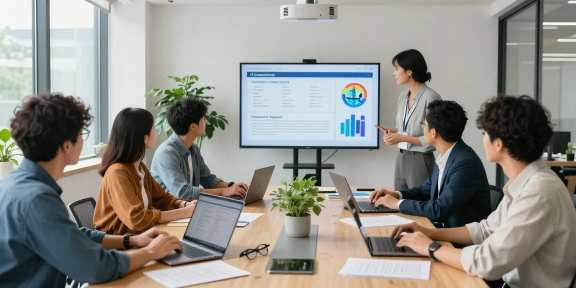 Business IT support team collaborating in a modern office environment with data-driven analytics displayed.