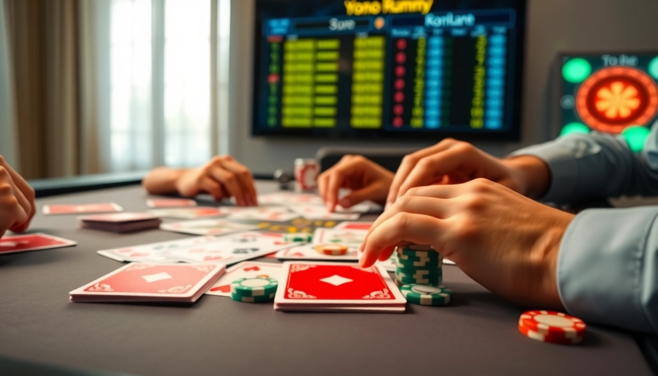Engaging scene of players immersively enjoying Yono Rummy with vibrant cards and chips.