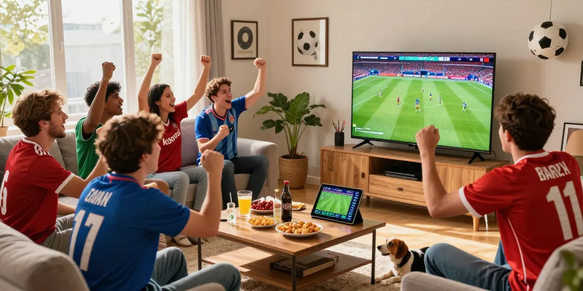 Friends enjoying a live koora tv match in a lively living room with snacks and football memorabilia.