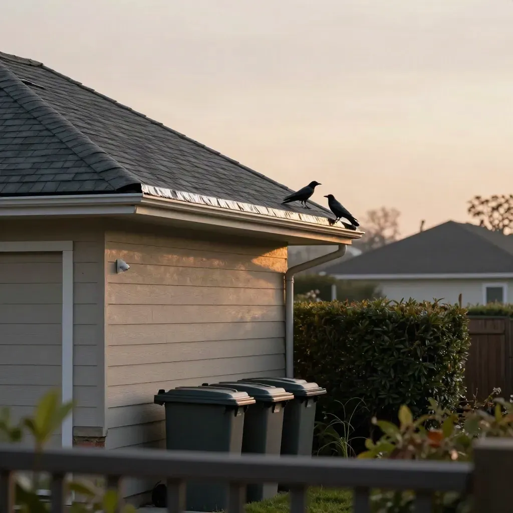 Crows veer from a suburban roof with deterrent tape, sprinkler, and covered bins by hedges.