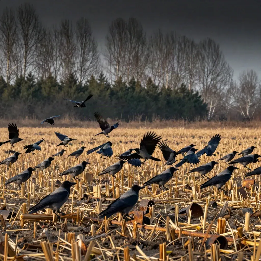 Crow flock whips over corn stubble beside bare poplars at dusk