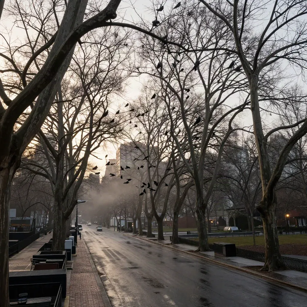 Leafless sycamores above a wet street as crows stream into the canopy at dusk.